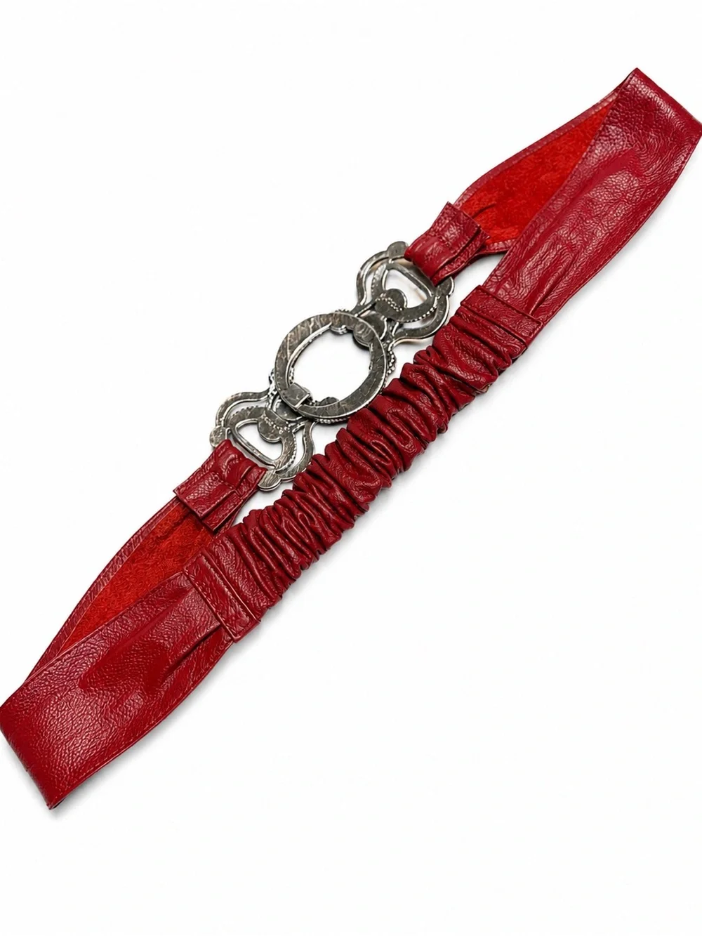 Chico's red leather stretch belt large, ornate silver statement buckle